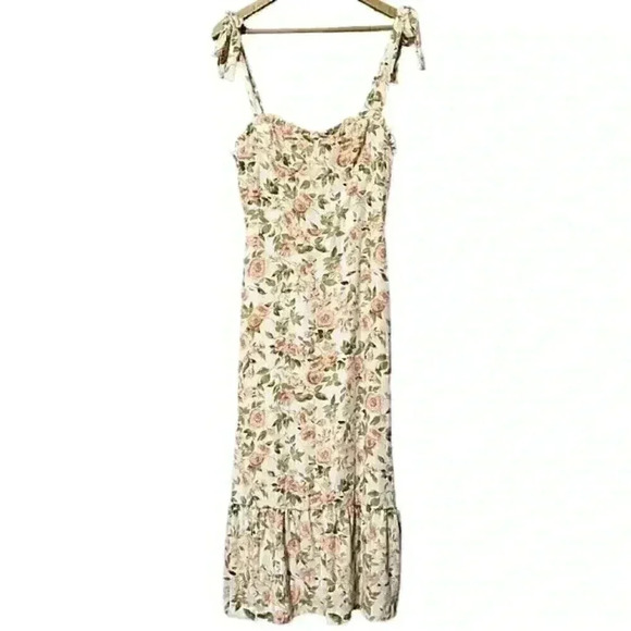 O.P.T. Floral Midi Dress L Cream Sweetheart Neck Ruffle Hem Bows NWT Coquette - Picture 2 of 9